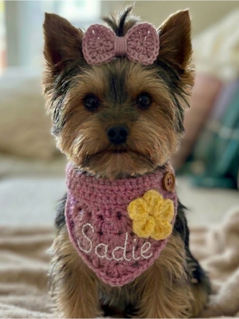 Personalized Pink Crochet Dog Bandana with Yellow Flower accent